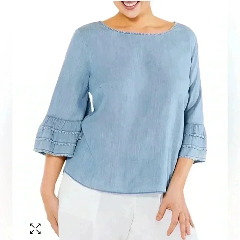 Nic+Zoe Chambray Denim Tangier Flare Sleeve Top in Size XS.